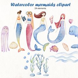 Watercolor mermaids clipart, sea animals.