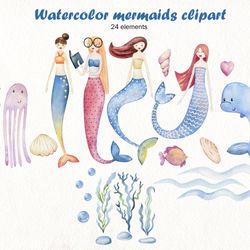 watercolor mermaids clipart, sea animals.