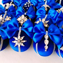Christmas rhinestones ornaments, Handmade balls in gift box, Xmas decorations, Tree decor set,Navy blue baubles