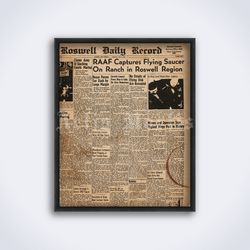 roswell ufo incident 1947 vintage newspaper poster, ufo printable art, print (digital download)