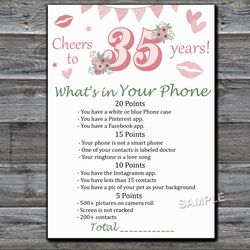 35th Birthday What's in Your Phone Birthday Party Game,Adult Birthday party game-fun games for her-Instant download