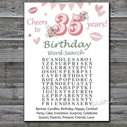 35th Birthday Word Search Game,Adult Birthday party game-fun games for her-Instant download