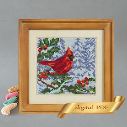 Red cardinal pattern pdf cross stitch, Bird embroidery DIY