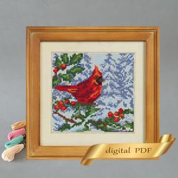 red cardinal pattern pdf cross stitch, bird embroidery diy