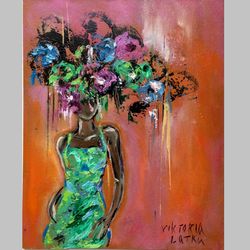 Black Woman Artwork Original Painting Expressive Female Portrait Art 13 by 16 " Figurative Painting Faceless Portrait