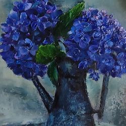 Hydrangeas blue flowers painting Impressionism Original art Oil artwork impasto