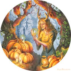Original fantasy watercolor painting "Samhain", Helloween art, Fall fantasy art, Fantasy creature