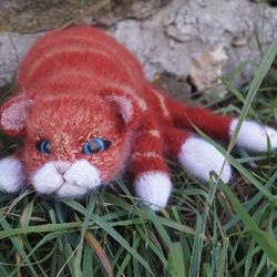 Knitted fluffy cat, Red cat toy, realistic cat, striped cat