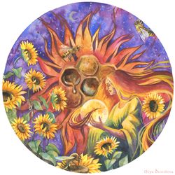 Original fantasy watercolor painting "Litha", Bee goddess, summer solstice, fantasy art, Fantasy creature