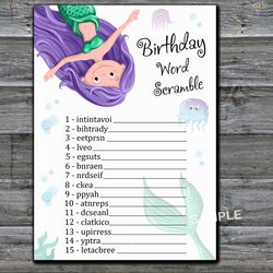 Mermaid Birthday Word Scramble Game,Adult Birthday party game-fun games for her-Instant download