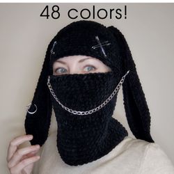 48 colors! Bunny balaclava crochet Black bunny hat with ear 12 inches. Crazy bunny ears balaclava for teens