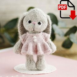 Bunny knitting pattern. Cute animal toy in a dress. DIY