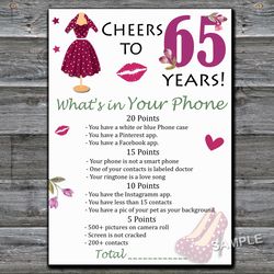 65th Birthday What's in Your Phone Birthday Party Game,Adult Birthday party game-fun games for her-Instant download
