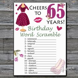 65th Birthday Word Scramble Game,Adult Birthday party game-fun games for her-Instant download