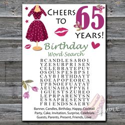 65th Birthday Word Search Game,Adult Birthday party game-fun games for her-Instant download