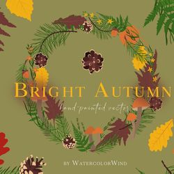 fall floral vector leaves clipart with pine branches and mushrooms for instant download