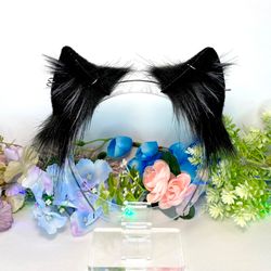 Black cat ears headband Kitten ears Moving cat ears cosplay Realistic cat ears Neko ears Petplay Faux fur ears headband