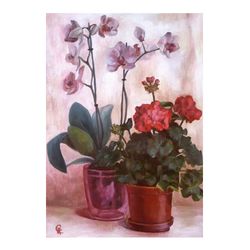 Geranium Fine Art Orchid Original Painting Flower Wall Art Floral Still Life Realistic Painting by Svetlana