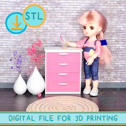 Furniture STL file for 3D printing. 1:12 scale chest 4 drawer for dollhouse roomboxes. Miniature dresser  for doll