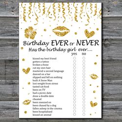 Gold glitter Birthday ever or never game,Adult Birthday party game-fun games for her-Instant download