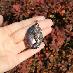 abalone necklace, 7th anniversary gift for her, copper tree of life pendant, copper anniversary gift for wife, yggdrasil