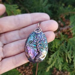 Tree Of Life Wire Wrapped Abalone Pendant, Wife Anniversary Necklace, 7th Year Wedding Gift, Copper Wedding Anniversary