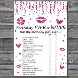 Pink glitter Birthday ever or never game,Adult Birthday party game-fun games for her-Instant download