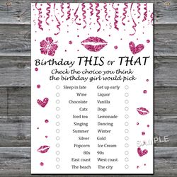 Pink glitter Birthday This or that game,Adult Birthday party game-fun games for her-Instant download