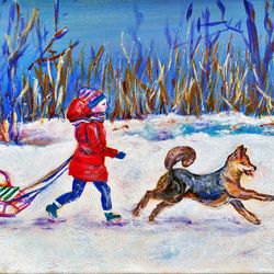 Winter Landscape Original Art Kids Winter Fun Small Acrylic Painting Children Sledding Dog Painting Canvas Art 9 x 12