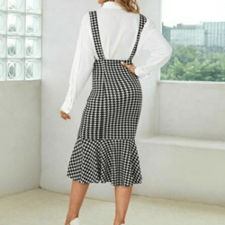 Houndstooth Print High Waist Button Front Ruffle Hem Bodycon Suspender Skirt