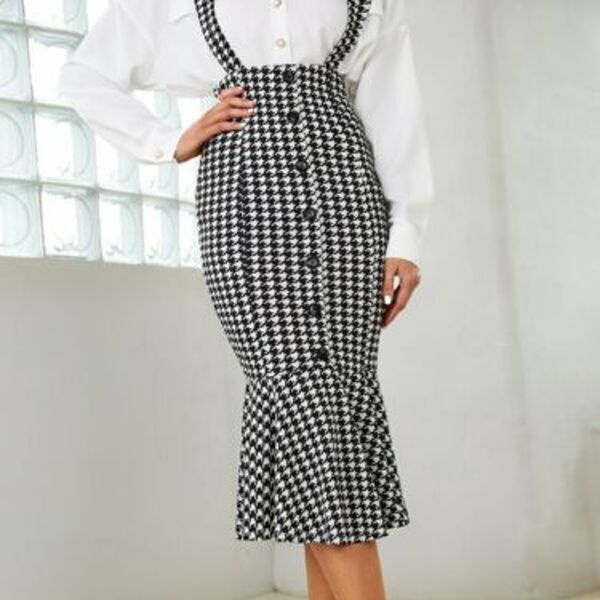 Houndstooth Print High Waist Button Front Ruffle Hem Bodycon Suspender Skirt (3).jpg