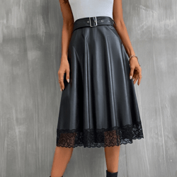 Faux PU Leather High Waist Lace Hem Belted A-Line Flared Midi Skirt
