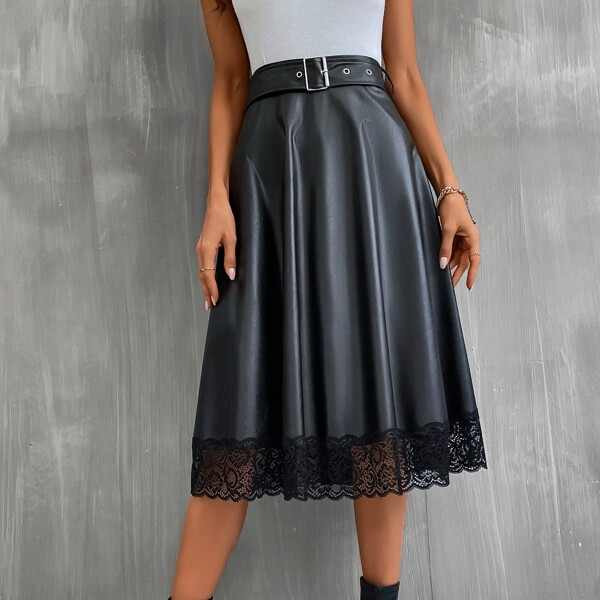 Faux PU Leather High Waist Lace Hem Belted A-Line Flared Midi Skirt (1).jpg