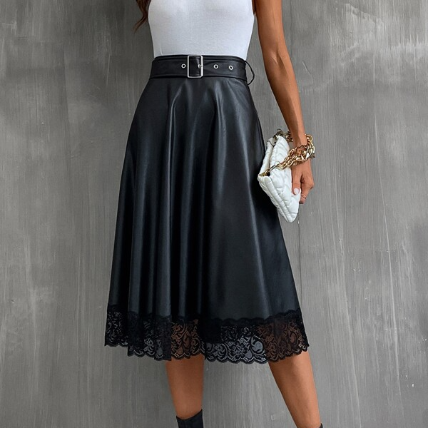 Faux PU Leather High Waist Lace Hem Belted A-Line Flared Midi Skirt (6).jpg