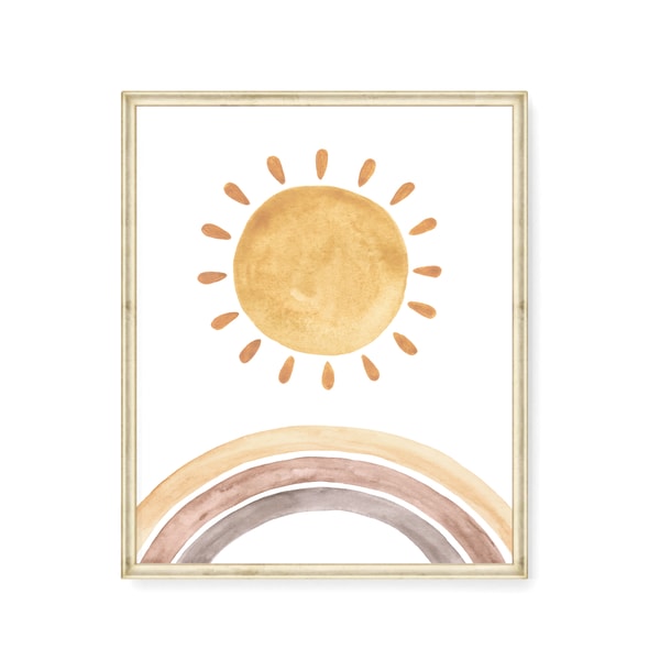 Sun and rainbow print, Watercolor baby prints for nursery - Inspire Uplift