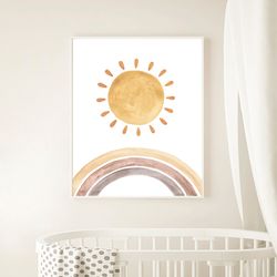 Sun and rainbow print, Watercolor baby prints for nursery, Boho sun print wall decor, Gender neutral nursery decor