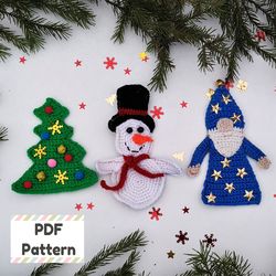 Christmas gnome applique crochet pattern, Snowman applique crochet pattern, Christmas tree applique crochet pattern