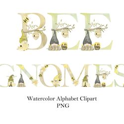 watercolor alphabet clipart, bee gnomes.
