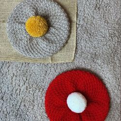 hand knit women's christmas beret / red knit hat / knit beanie / pompom hat / braided beret