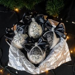 Christmas rhinestones ornaments, handmade black balls gift box, Xmas decorations, Tree decor set, New Year tree balls