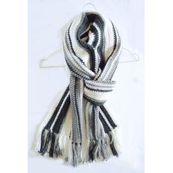 Crochet striped long wool scarf. Long warm scarf. Knitted scarf in gray and white stripes.