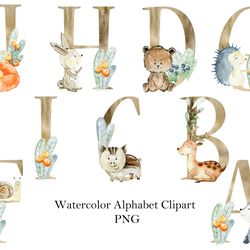 Watercolor alphabet clipart, woodland animals.