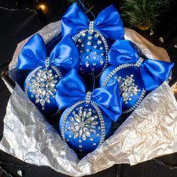 Christmas rhinestones ornaments, handmade blue balls gift box, Xmas decorations, Tree decor set, New Year tree balls