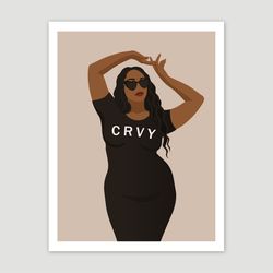 Curvy black woman in black dress, printable poster, black girl art, body positive art, plus size woman print
