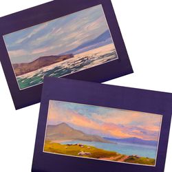 Two piece paintings. Set of two lakescape painting original. Sunset painting