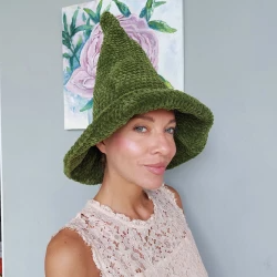 Crochet Witch Hat Halloween Green Adult Witch Hat Women Wizard Hat Halloween Fairy Costume Knitted Velvet Witch Hat