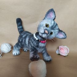miniature knitted collectible plush Kitten figurine in vintage dress