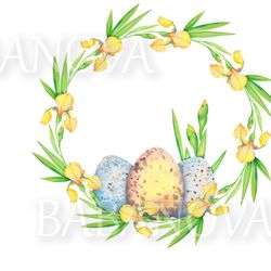Easter wreath with yellow flowers irises and eggs