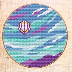 Hot air balloon cross stitch pattern Modern cross stitch Landscape embroidery Adventure Travel hoop art DIY