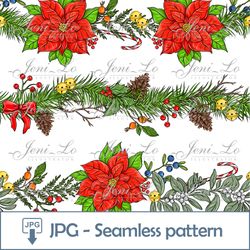 Christmas twigs Seamless pattern 1JPG file Merry Christmas Digital Paper Poinsettia Christmas flower Digital Download